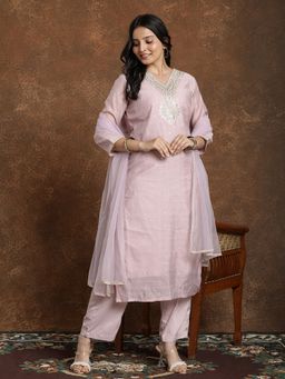 AVANSHEE - Women Pink Chanderi Embroidered Kurta with Pant and Dupatta