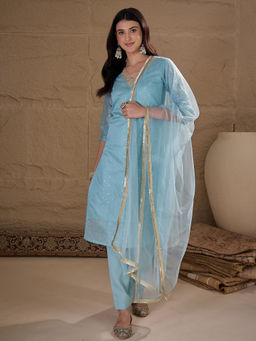 AVANSHEE - Women Blue Chanderi Embellished Kurta with Pant and Dupatta
