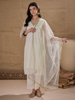 AVANSHEE - Women Off White Chanderi Embellished Kurta with Pant and Dupatta