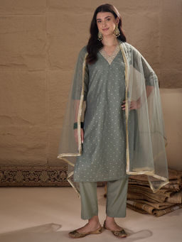 AVANSHEE - Women Olive Chanderi Embellished Kurta with Pant and Dupatta