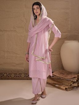 AVANSHEE - Women Pink Chanderi Embellished Kurta with Pant and Dupatta