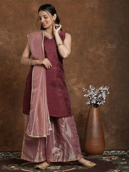 AVANSHEE - Women Maroon Art Silk Solid Kurta with Palazzo and Dupatta