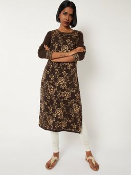 max - Women Floral Knit Straight Brown Kurta