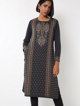 max - Women Grey Knit Straight Winter Kurta
