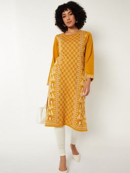 max - Women Knit Straight Winter Yellow Kurta