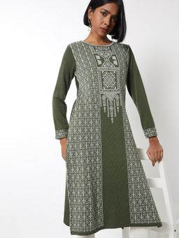 max - Women Embroidered Straight Winter Olive Kurta