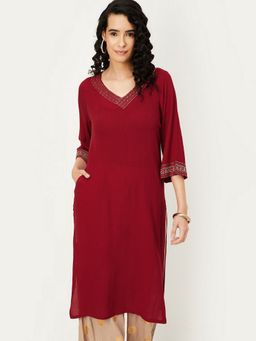 max - Women Maroon Embroidered Straight Kurta