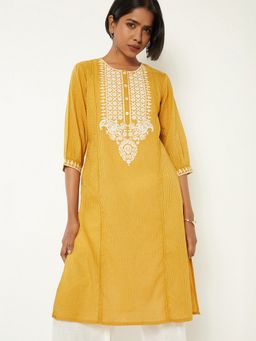 max - Women Yellow Cotton Blend Embroidered Straight Kurta