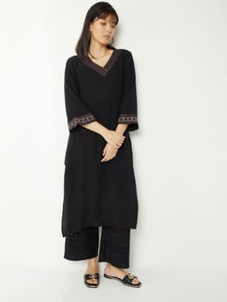 max - Women Black Rayon Embroidered Straight Kurta