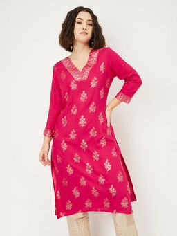 max - Women Foil Printed Straight Pink Kurta