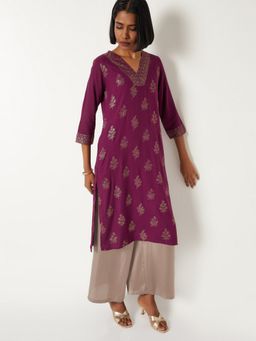 max - Women Purple Rayon Floral Printed Straight Kurta