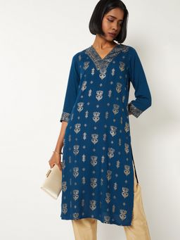 max - Women Foil Print Teal Straight Kurta