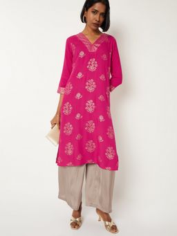 max - Women Pink Rayon Floral Printed Straight Kurta