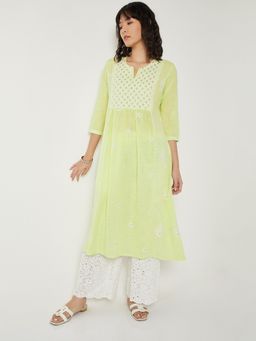 max - Women Embroidered A-line Yellow Kurta