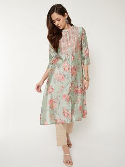 max - Women Green Polyester Blend Floral Printed Straight Kurta