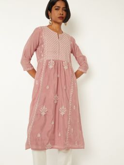 max - Women Pink Polyester Blend Embroidered A-Line Kurta
