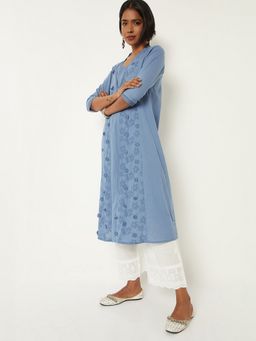 max - Women Blue Cotton Embroidered A-Line Kurta