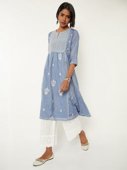 max - Women Blue Polyester Blend Embroidered A-Line Kurta