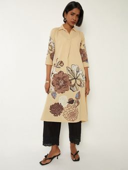 max - Women Beige Cotton Floral Printed A-Line Kurta