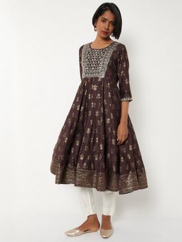 max - Women Brown Polyester Blend Floral Printed Flared Kurta