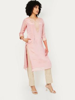 max - Women Pink Tissue Embroidered Straight Kurta