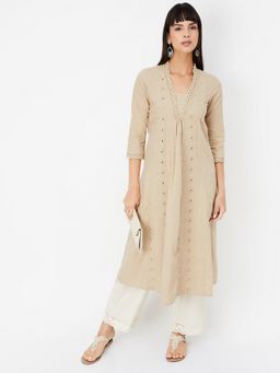 max - Women Beige Embroidered A-line Kurta
