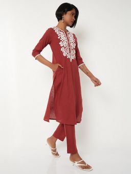 max - Women Maroon Cotton Embroidered Kurta and Pant