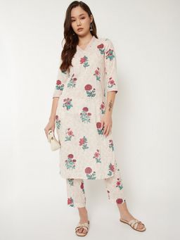 max - Women Cream Cotton Blend Floral Print Kurta and Pant