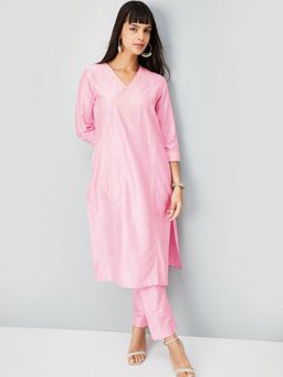 max - Women Pink Cotton Slub Embroidered Kurta and Pant