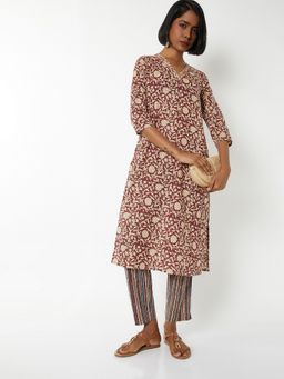 max - Women Maroon Cotton Blend Floral Print Kurta and Pant