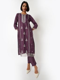 max - Women Purple Polyester Blend Embroidered Kurta and Pant