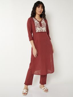 max - Women Maroon Cotton Blend Embroidered Kurta and Pant