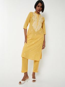 max - Women Yellow Cotton Embroidered Kurta and Pant