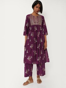 max - Women Purple Polyester Embroidered Kurta and Pant