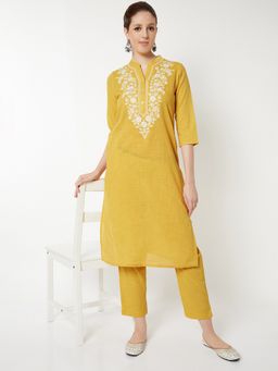 max - Women Yellow Cotton Blend Embroidered Kurta and Pant