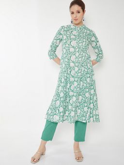 max - Women Green Cotton Blend Floral Print Kurta and Pant