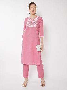 max - Women Pink Cotton Blend Embroidered Kurta and Pant