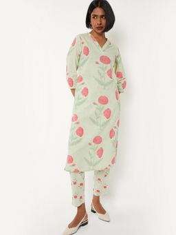 max - Women Green Cotton Blend Floral Print Kurta and Pant