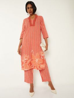 max - Women Orange Cotton Blend Striped Kurta and Pant