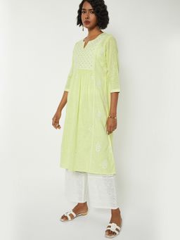 max - Women Green Cotton Embroidered A-Line Kurta