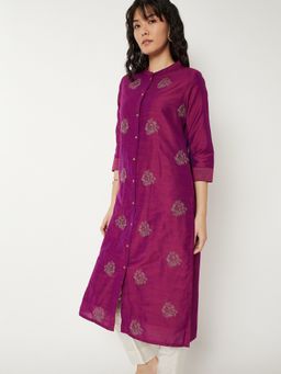 max - Women Purple Polyester Blend Embroidered Straight Kurta