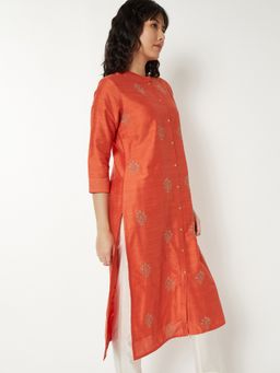 max - Women Orange Polyester Blend Embroidered Straight Kurta