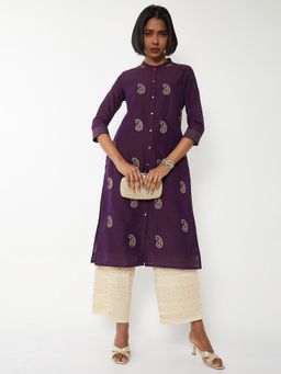 max - Women Purple Polyester Blend Embroidered Straight Kurta