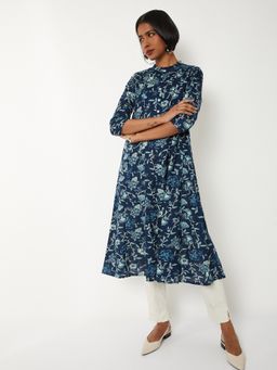 max - Women Blue Cotton Blend Floral Printed A-Line Kurta