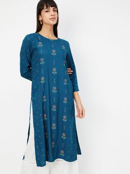max - Women Printed Straight Blue Kurta