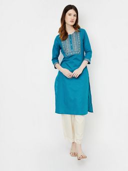 max - Blue Women Embroidered Straight Kurta