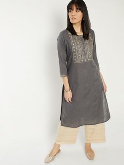 max - Grey Women Embroidered Straight Kurta