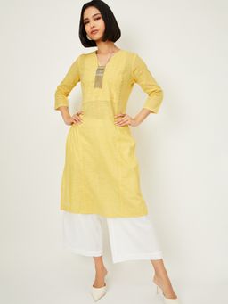max - Yellow Women Schiffli Straight Kurta