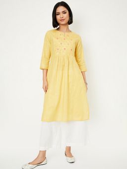 max - Women Yellow Cotton Blend Embroidered A-Line Kurta