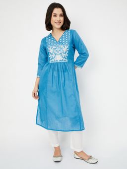 max - Blue Women Yoke Embroidered Straight Kurta